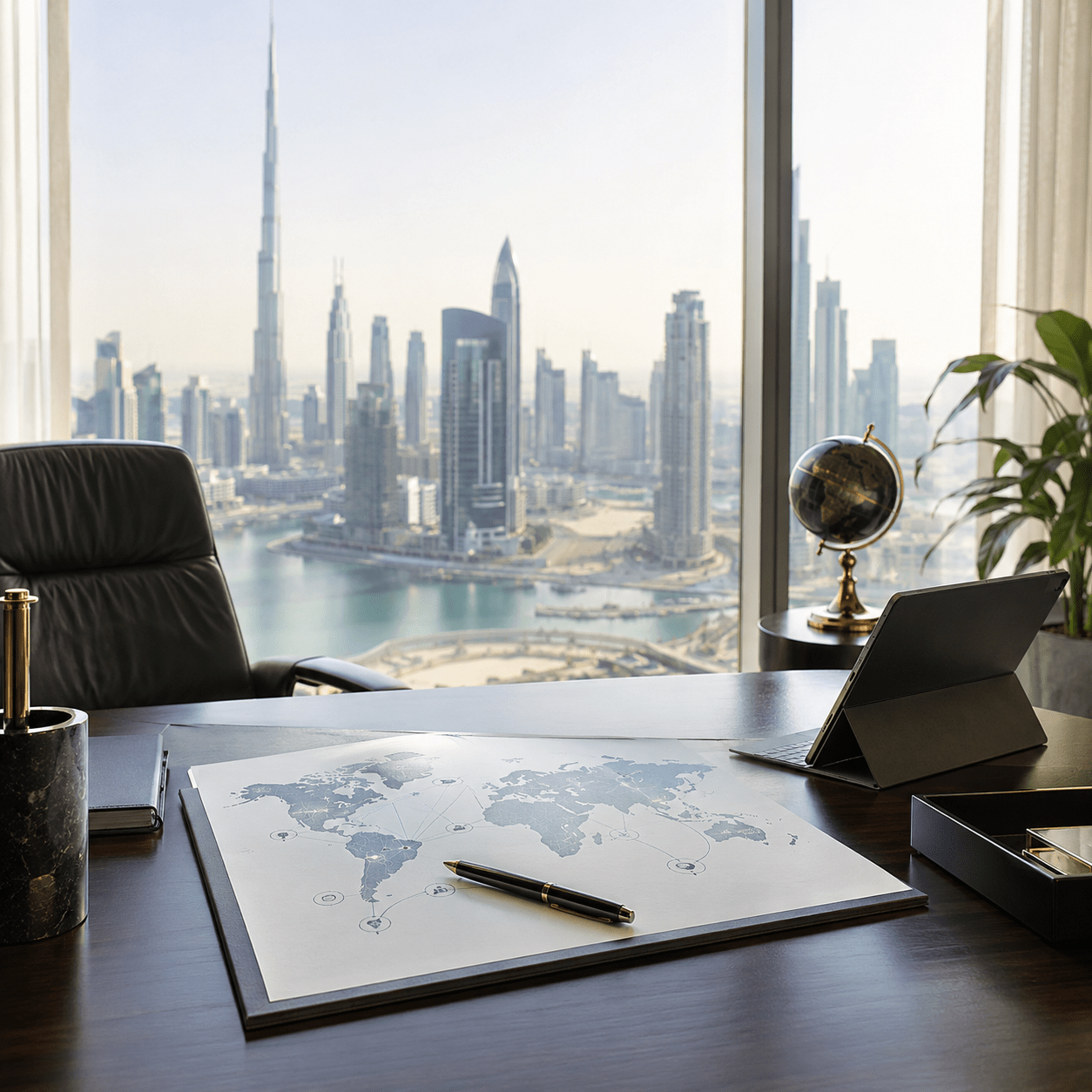 Scrivania direzionale in ufficio a Dubai per analisi di fattibilità e ingresso nel mercato