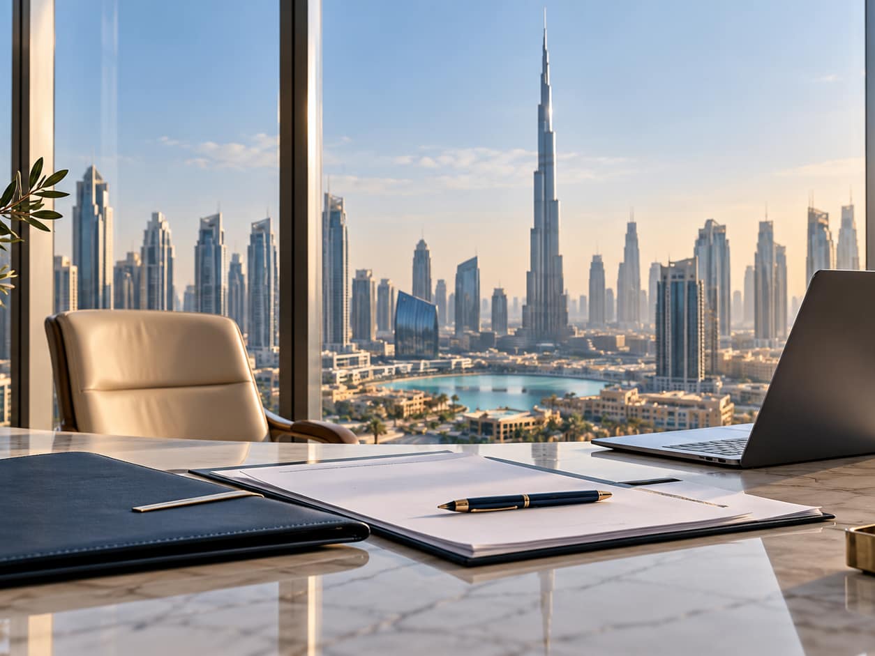 Scrivania con documenti e computer, con vista sullo skyline di Dubai e sul Burj Khalifa.