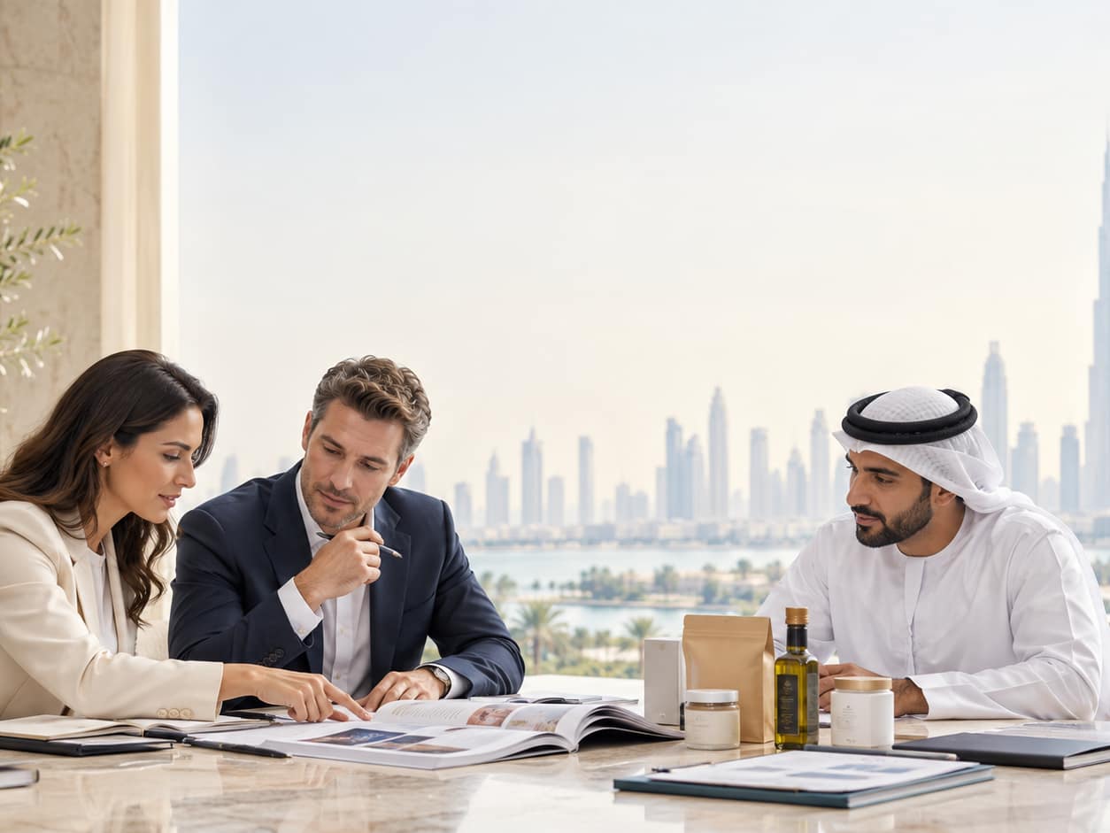 Three colleagues in a bright office review a magazine spread, with a city skyline visible through the window behind them.