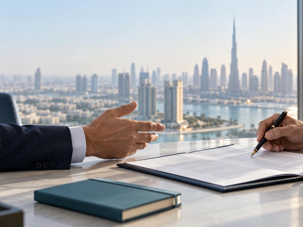 Professionisti esaminano un contratto di distribuzione con lo skyline di Dubai sullo sfondo