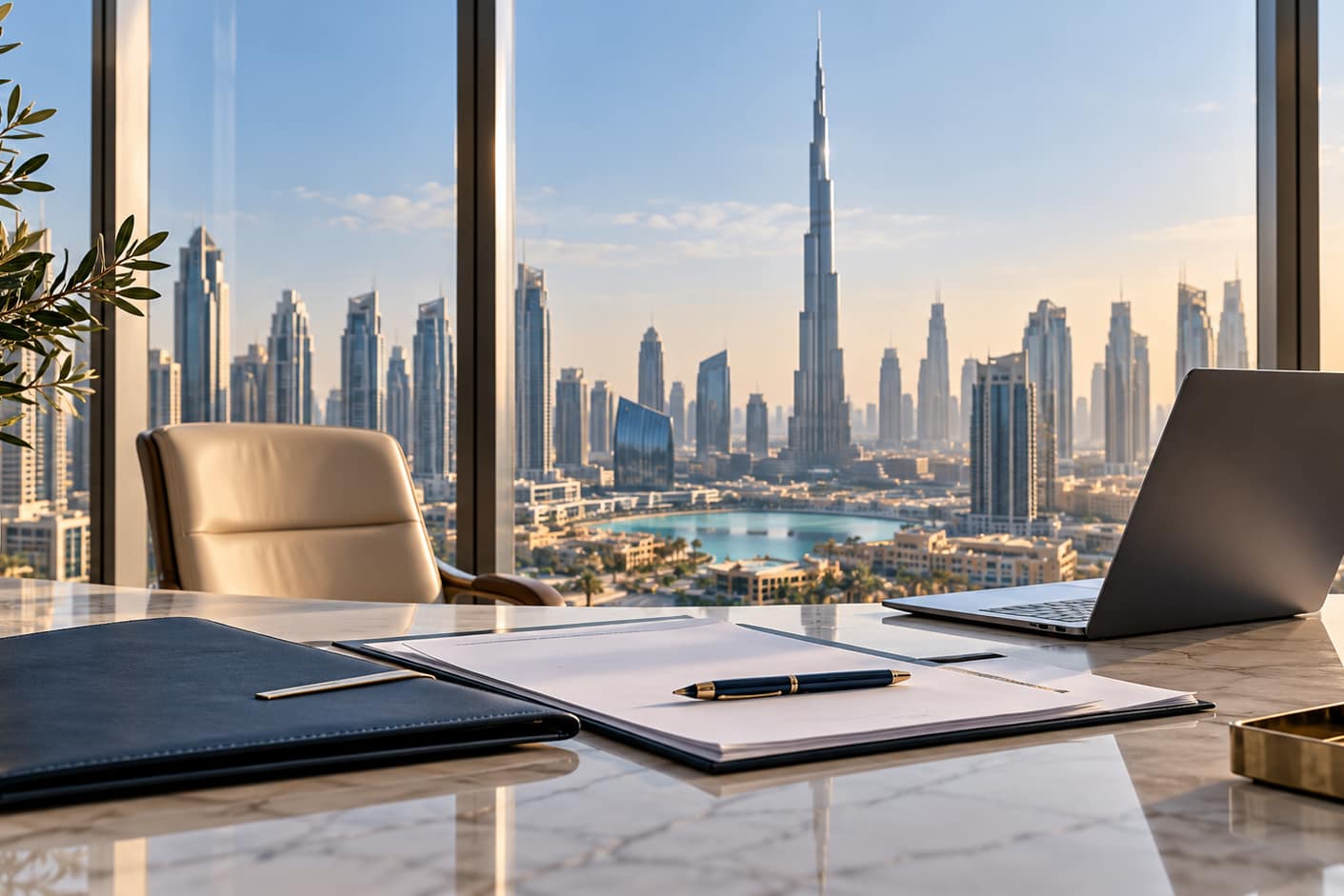 Scrivania con documenti e computer, con vista sullo skyline di Dubai e sul Burj Khalifa.