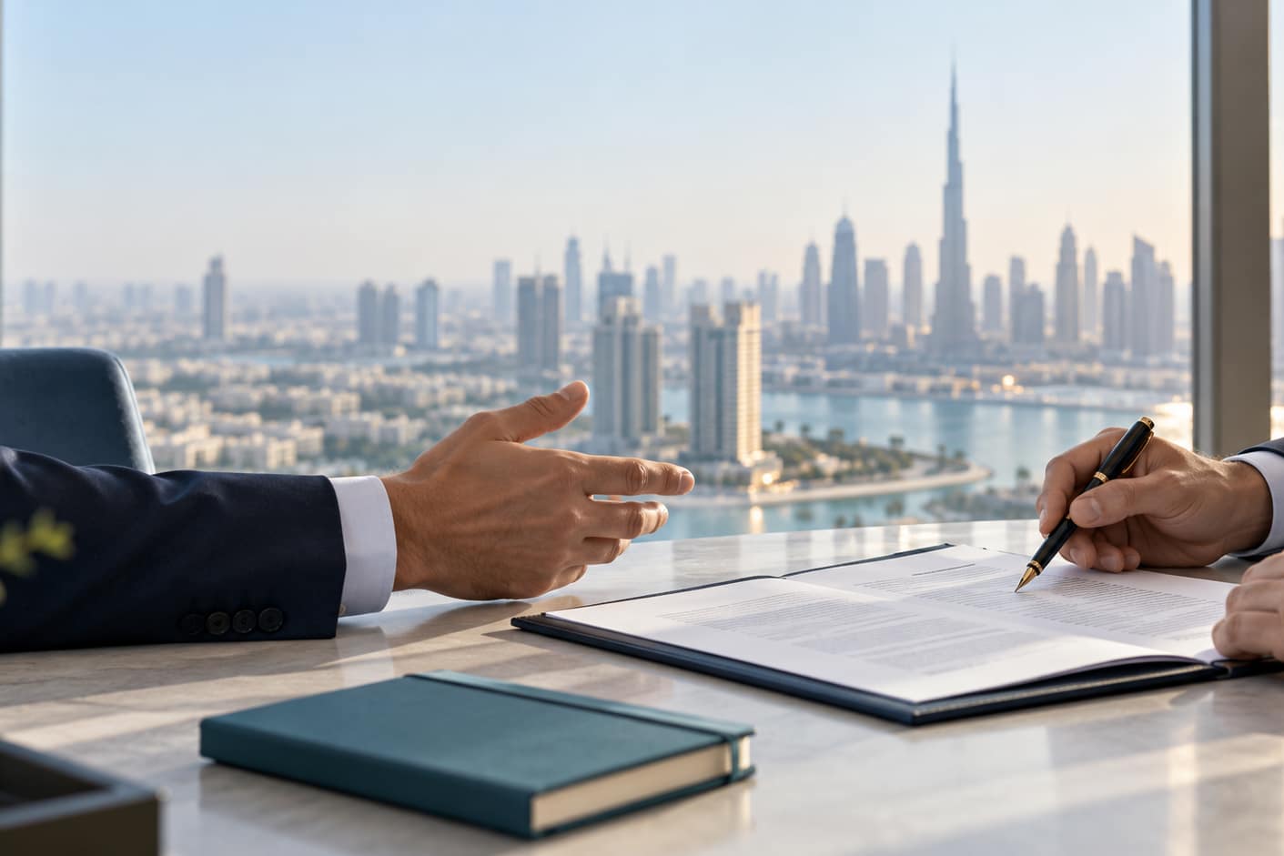 Professionisti esaminano un contratto di distribuzione con lo skyline di Dubai sullo sfondo