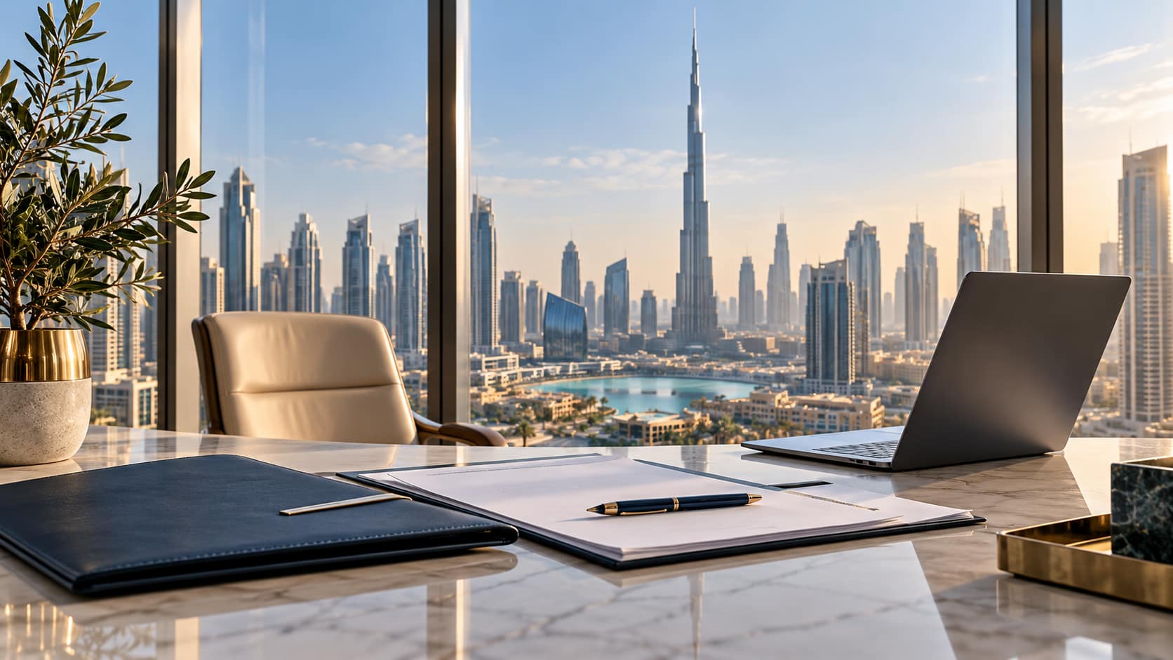 Scrivania con documenti e computer, con vista sullo skyline di Dubai e sul Burj Khalifa.