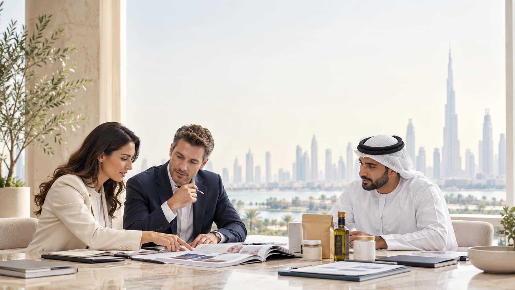 Three colleagues in a bright office review a magazine spread, with a city skyline visible through the window behind them.