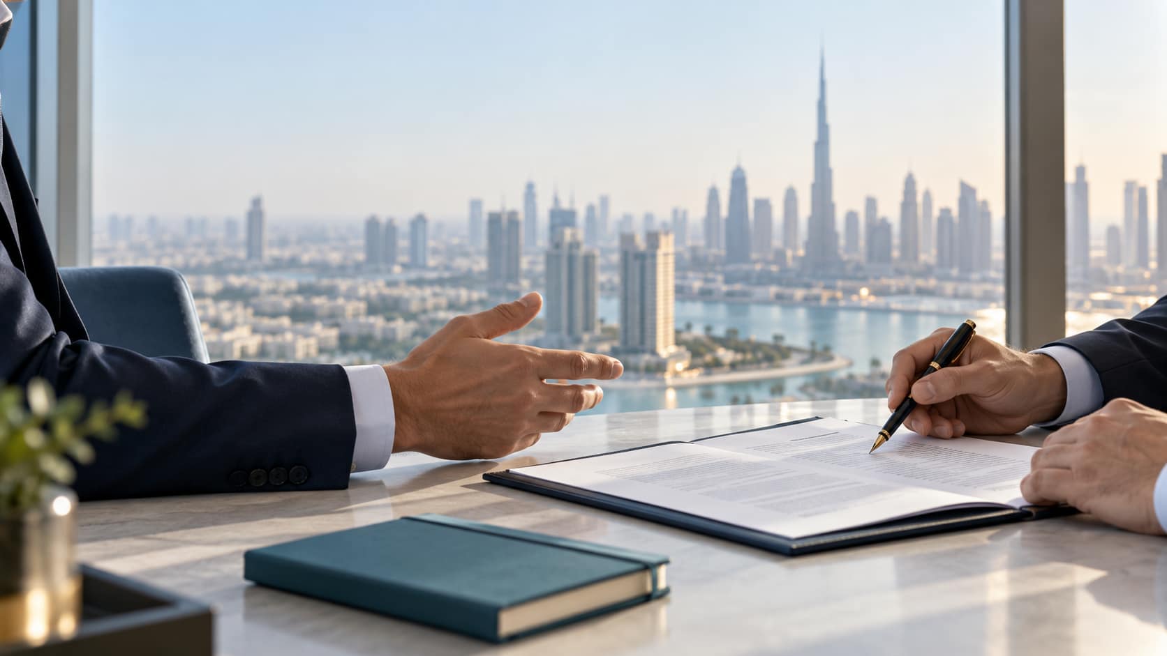Professionisti esaminano un contratto di distribuzione con lo skyline di Dubai sullo sfondo